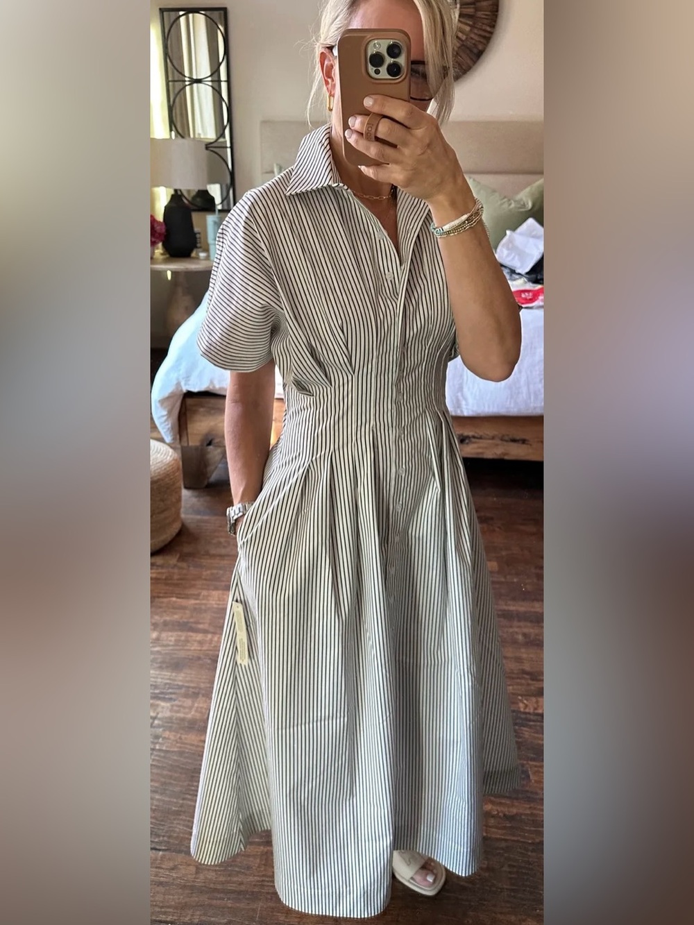 Max Studio White & Black Striped Midi Shirt Dress